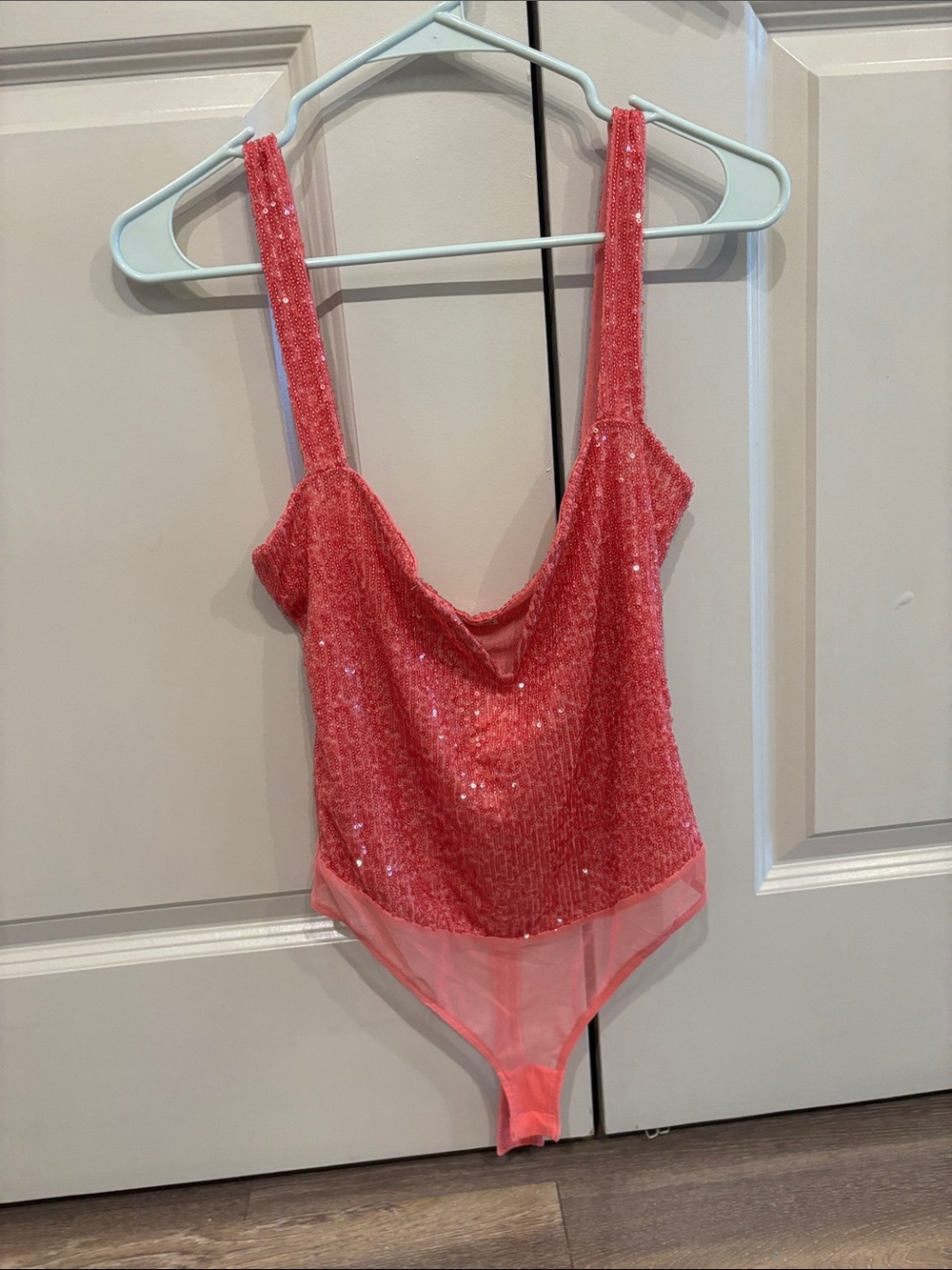 Free People Coral Sequin Scoop Tank Bodysuit